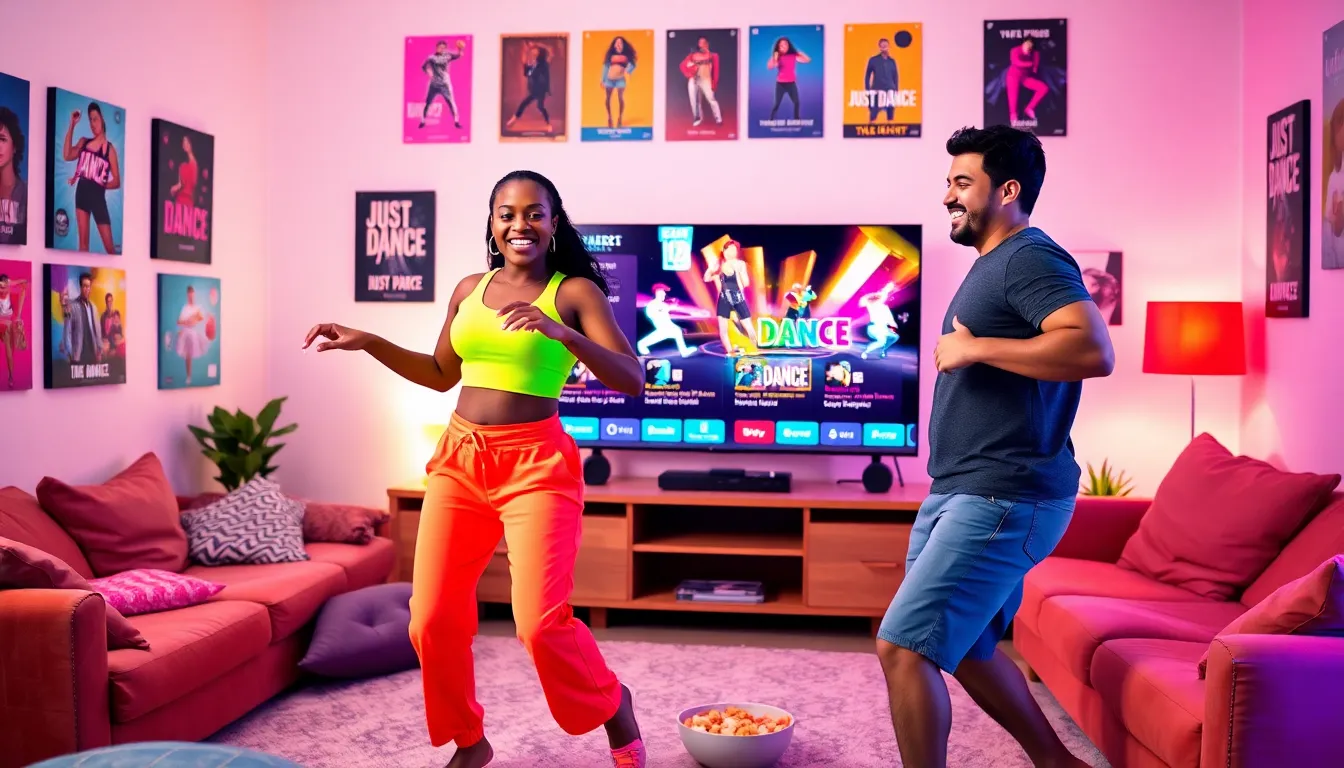 a group of friends dancing to Just Dance 2022 in a bright living room.