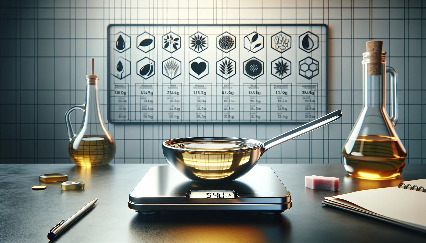 Tablespoon of oil on a digital scale with nutrition chart nearby.