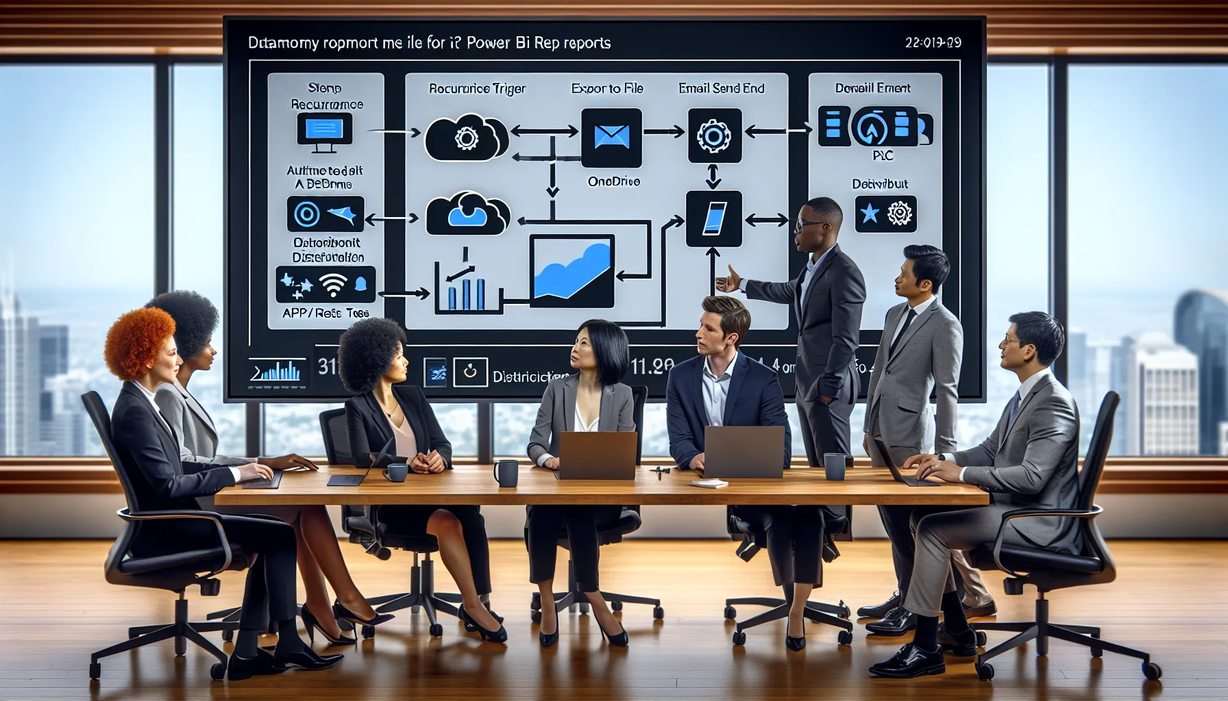 Professionals configuring automated Power BI report exports and email delivery in a modern office.