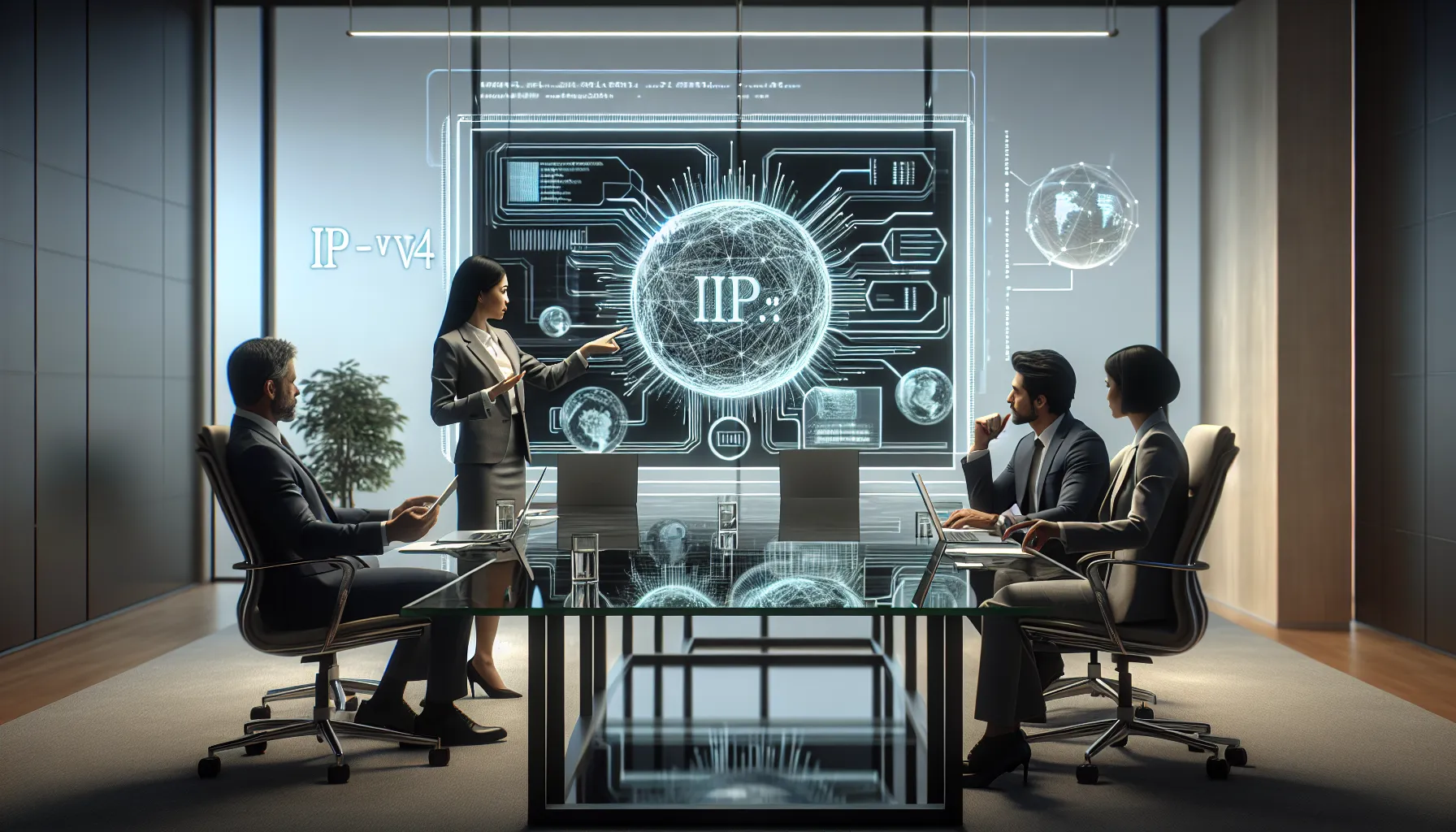 professionals discussing IP addresses in a modern office.