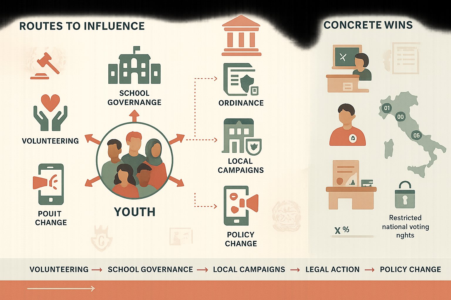 Infografica che mostra percorsi civici giovanili e advocacy per i diritti locali in Italia.