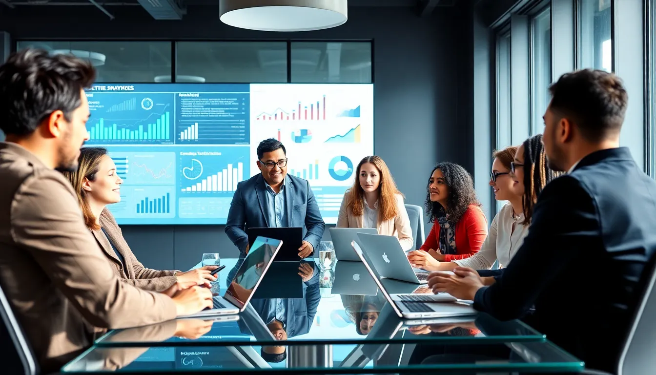 diverse professionals collaborating on technology adoption in an office.