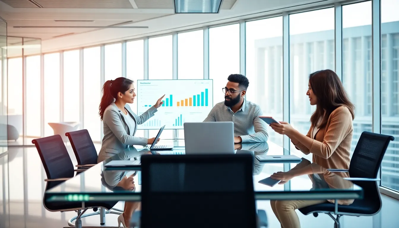 diverse professionals collaborating in a modern office setting.