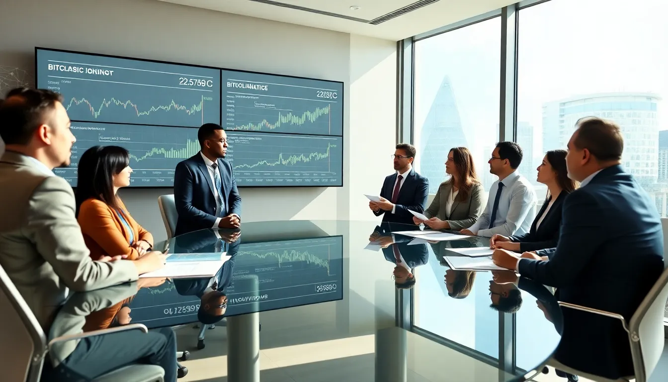 diverse financial analysts discussing Bitclassic in a modern conference room.