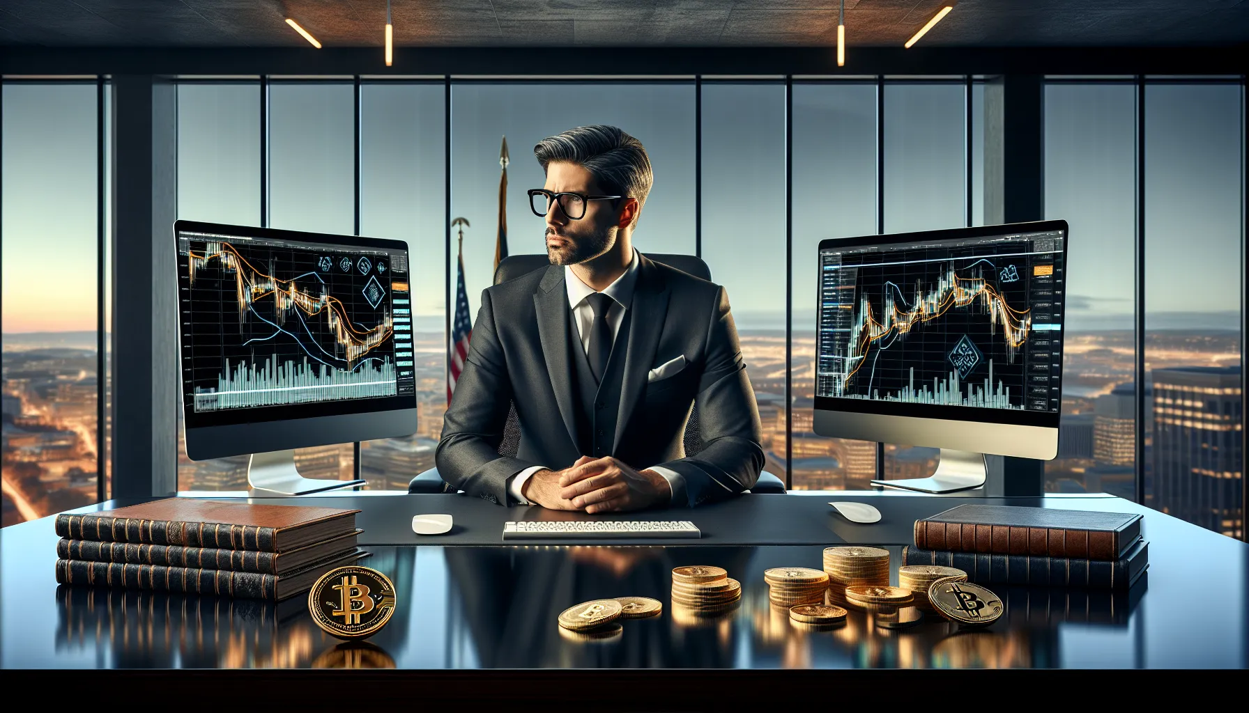 Bitcoin Regulation: Navigating the Legal Landscape 1 Financial analyst reviewing Bitcoin regulations and charts at desk with city skyline backdrop.