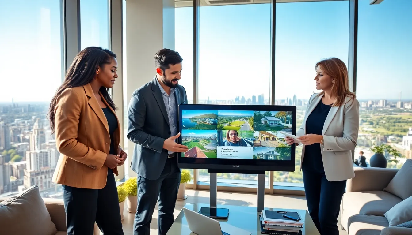 three diverse real estate agents discussing technology in a modern office.