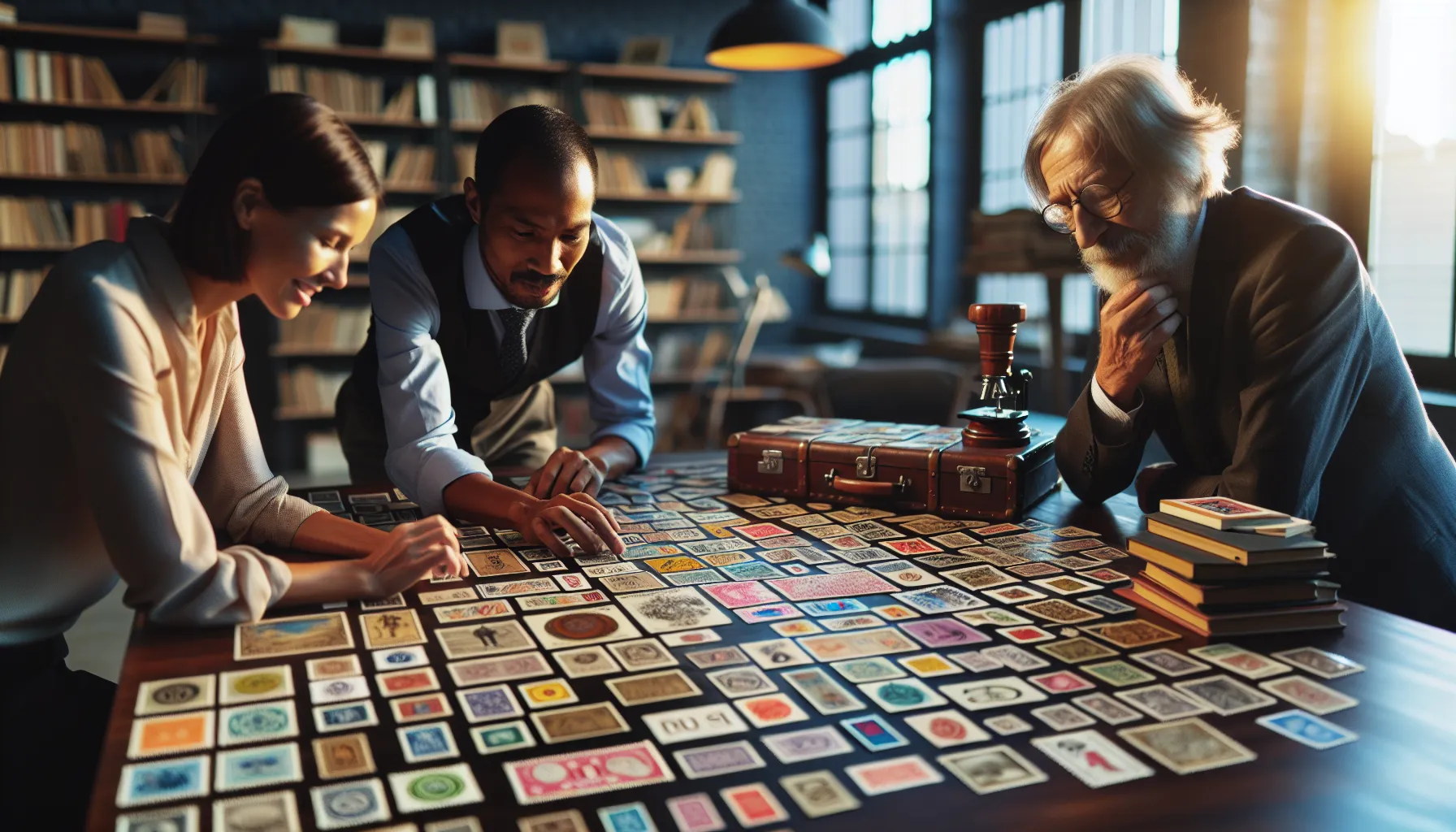 professionals sorting colorful stamp flpemblemables on a wooden table.