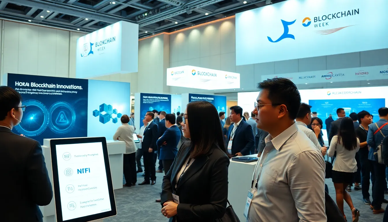 diverse professionals networking at a blockchain conference.