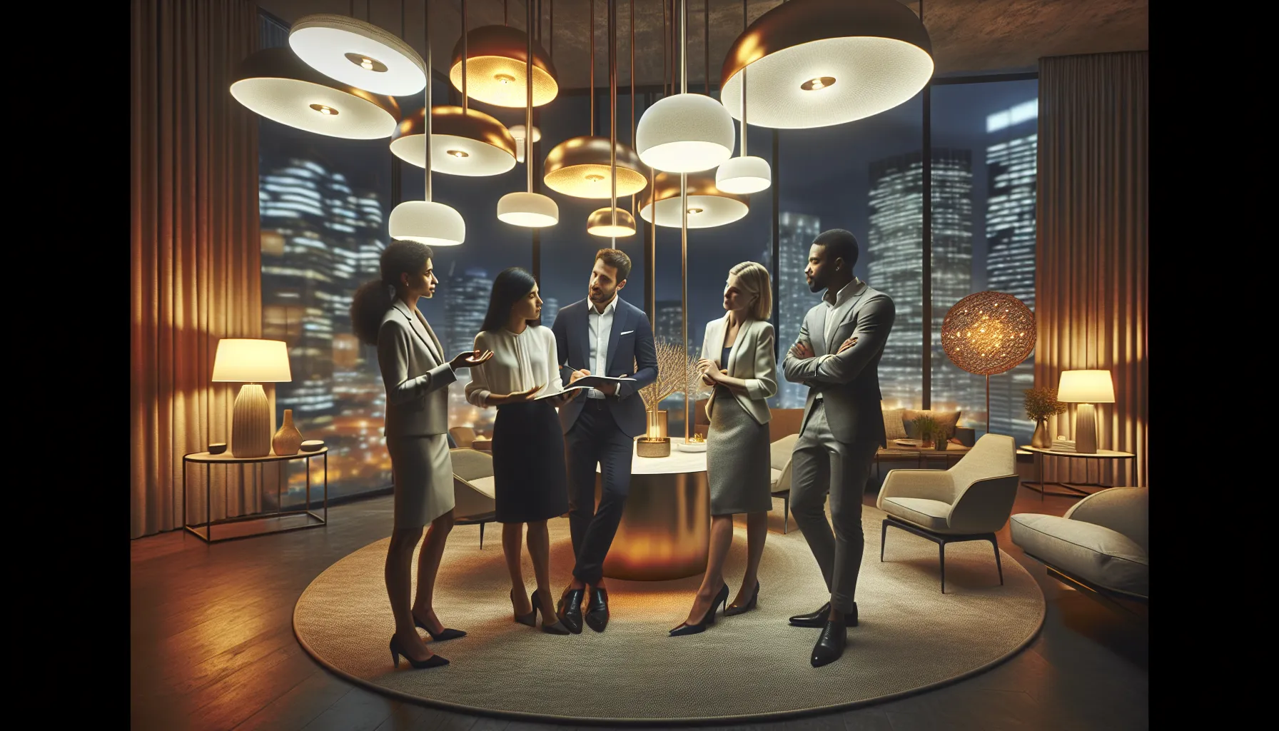 diverse professionals discussing smart lighting solutions in a modern office.