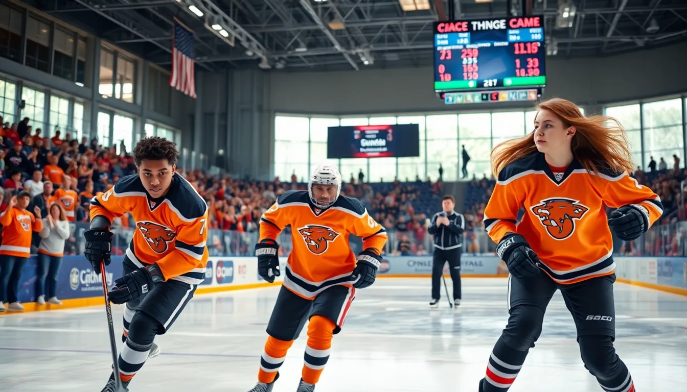 three young hockey players showcasing agility on the ice in an arena.