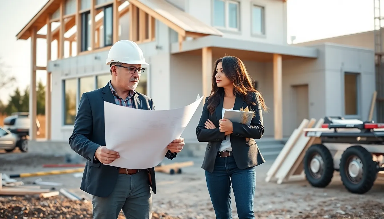 diverse team at a construction site examining plans.