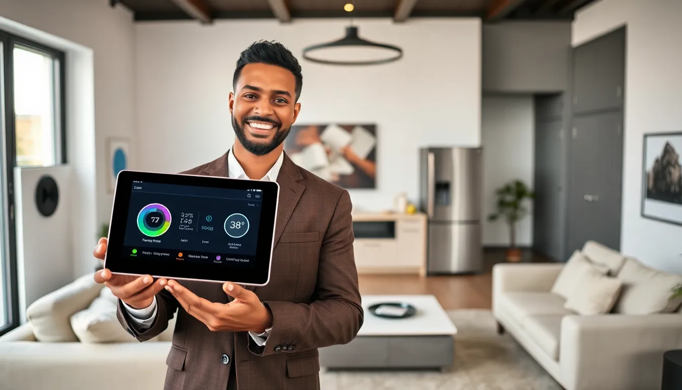 person using a tablet in a modern smart home setting.