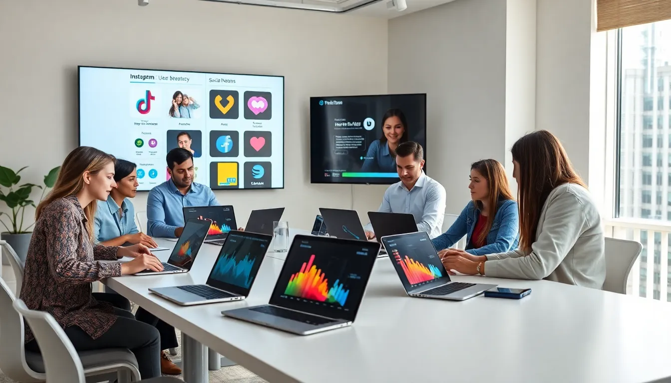 diverse team collaborating on social media app development in a modern office.