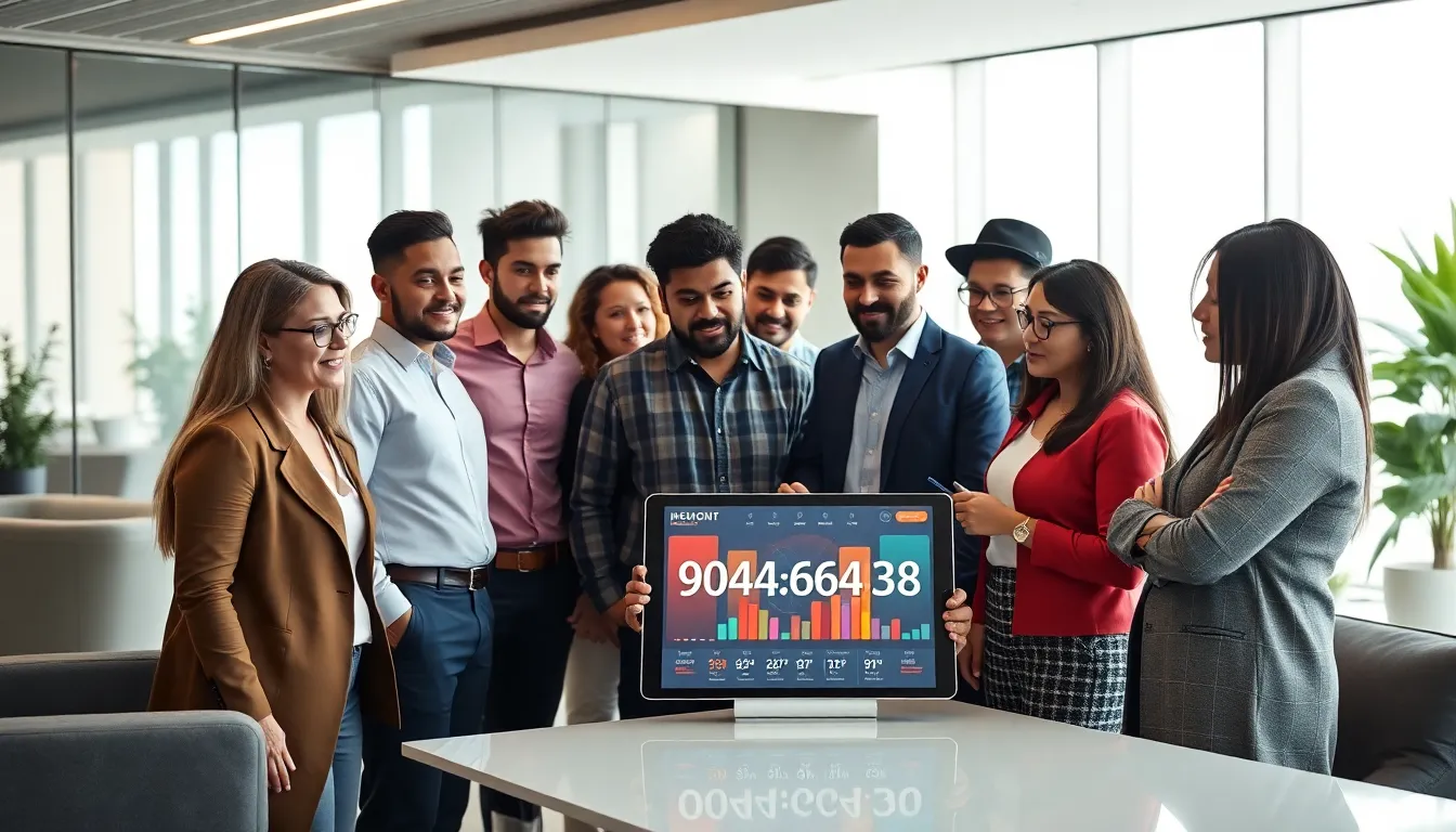 diverse team discussing technology in a modern office.