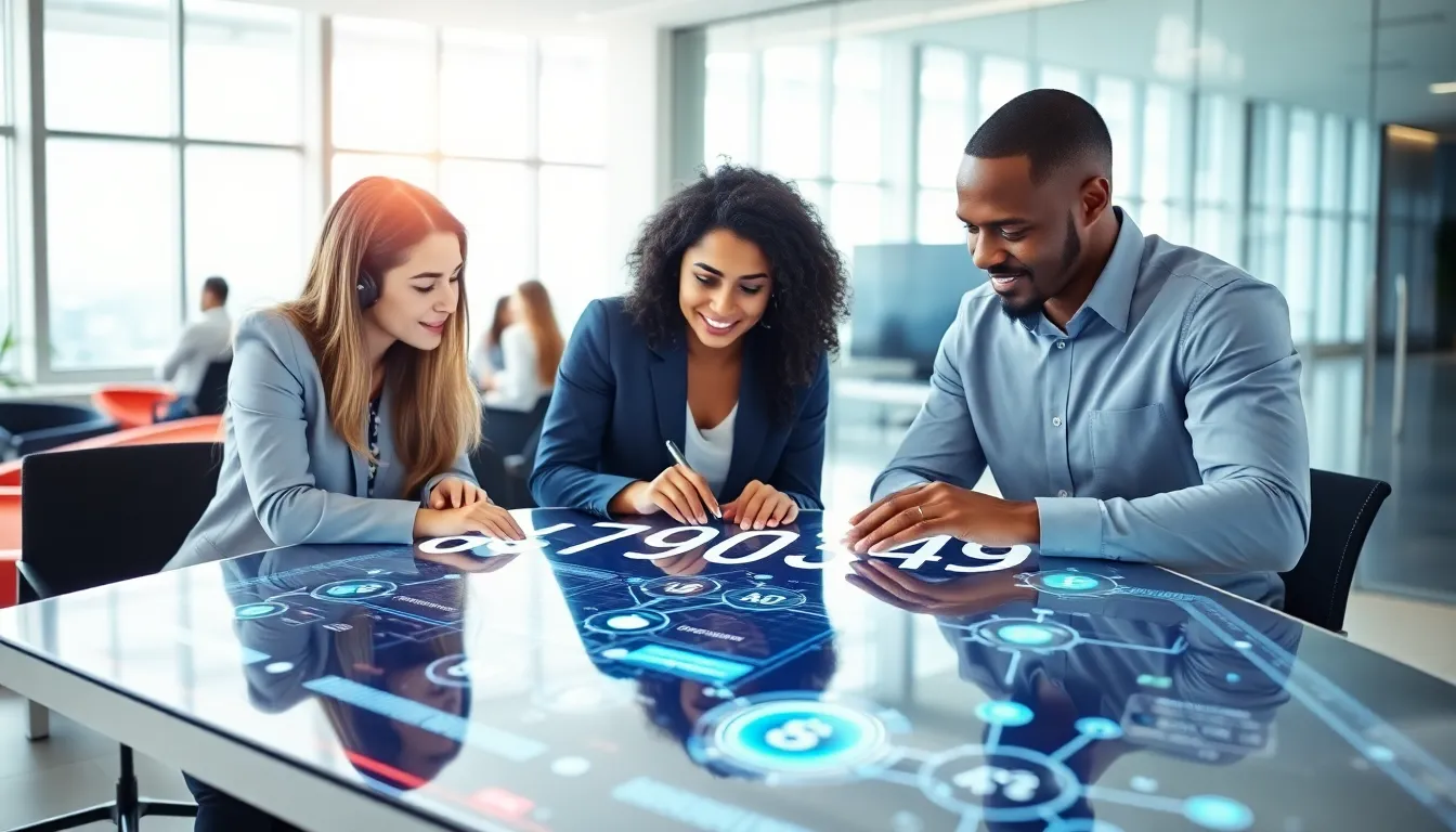 diverse professionals discussing a digital interface with the number 6479303649.