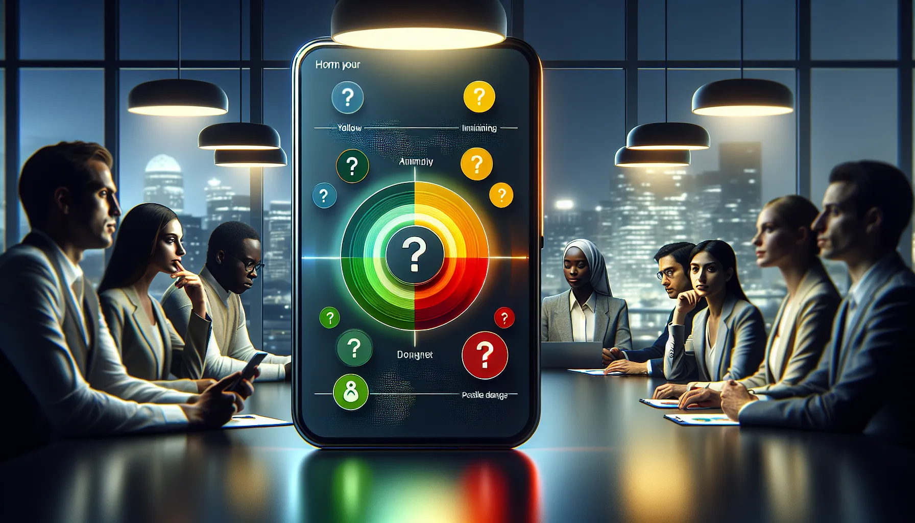 smartphone displaying Life360 color codes with professionals discussing.