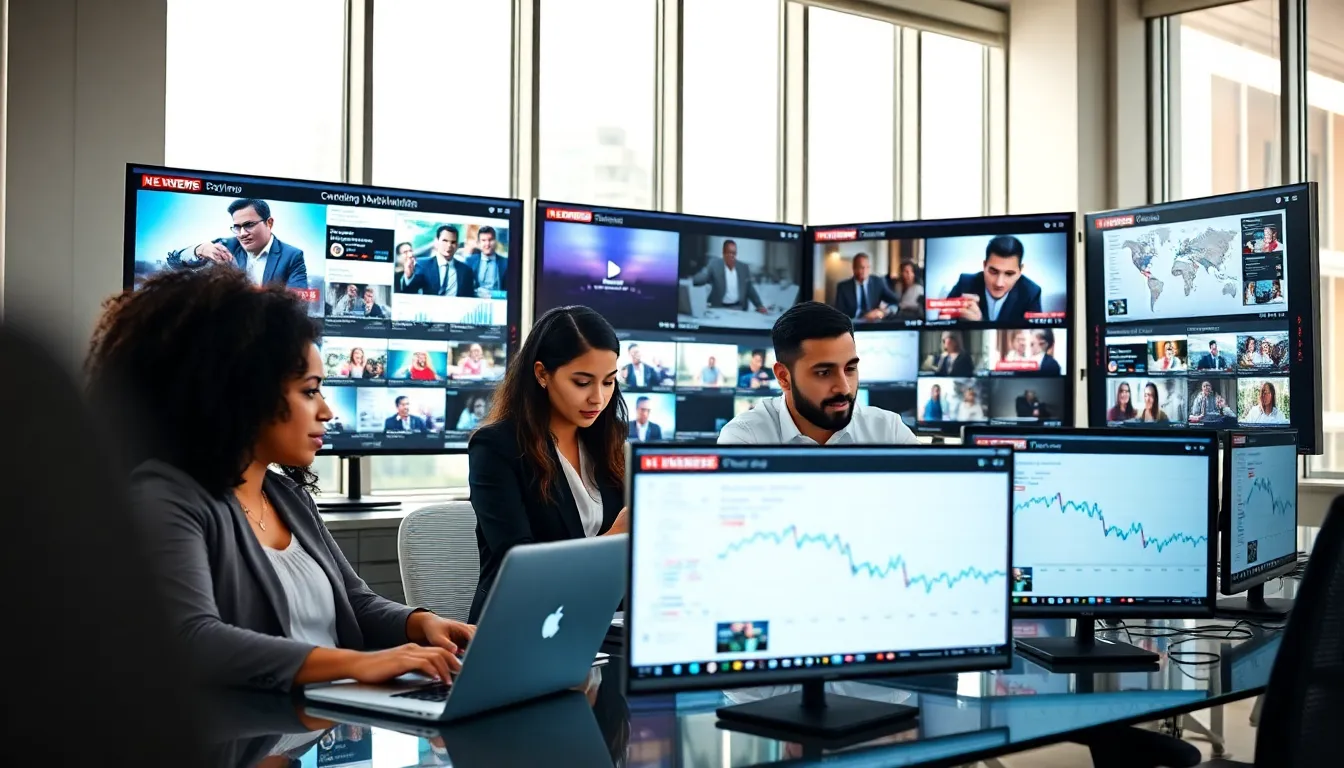 diverse professionals in a modern digital newsroom discussing news updates.