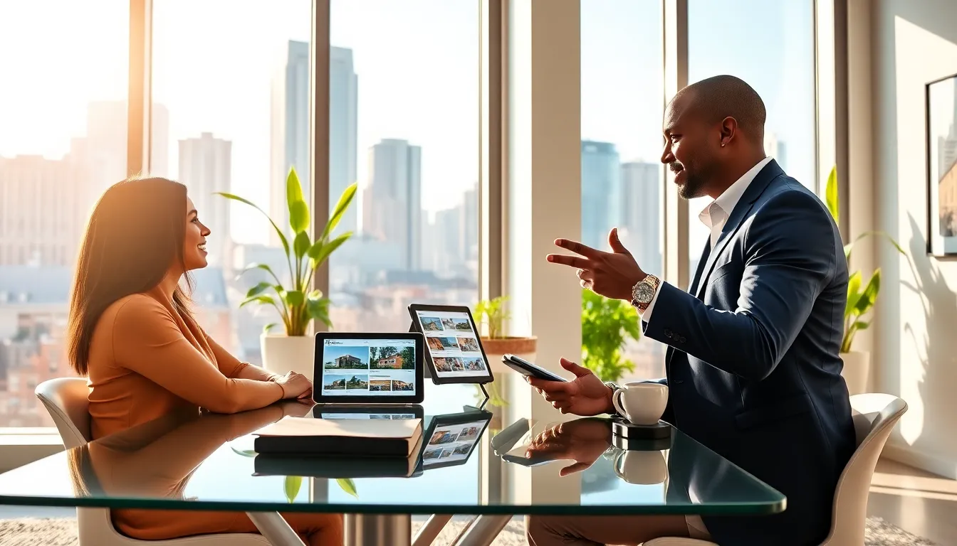 Real estate agent Timothy discussing with clients in a modern office.