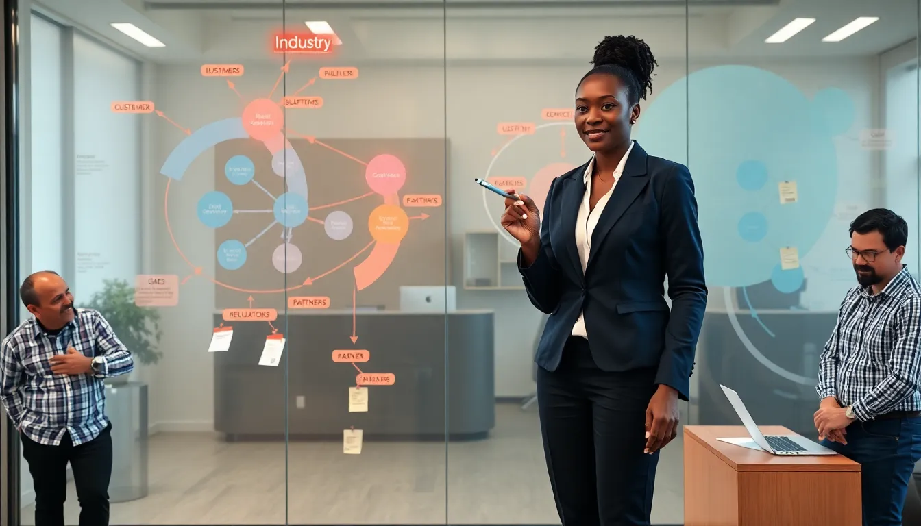 Business leader pointing at a detailed industry map on glass in office.