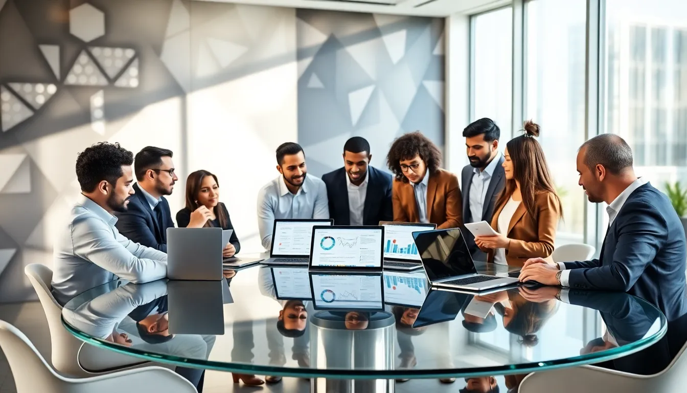 diverse team collaborating on 12Pvoes in a modern office.