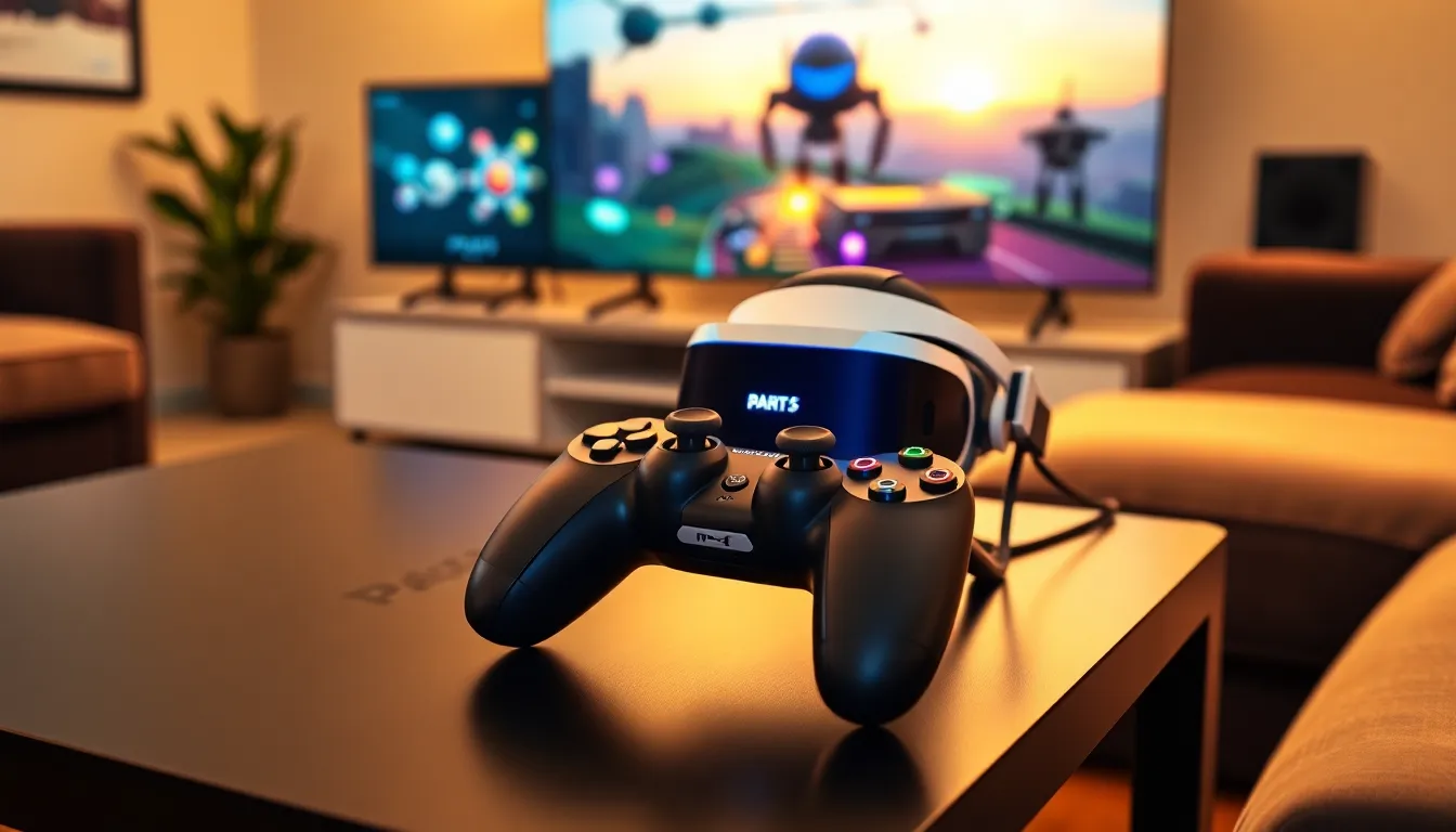 a modern gaming setup featuring a PlayStation controller and VR headset.