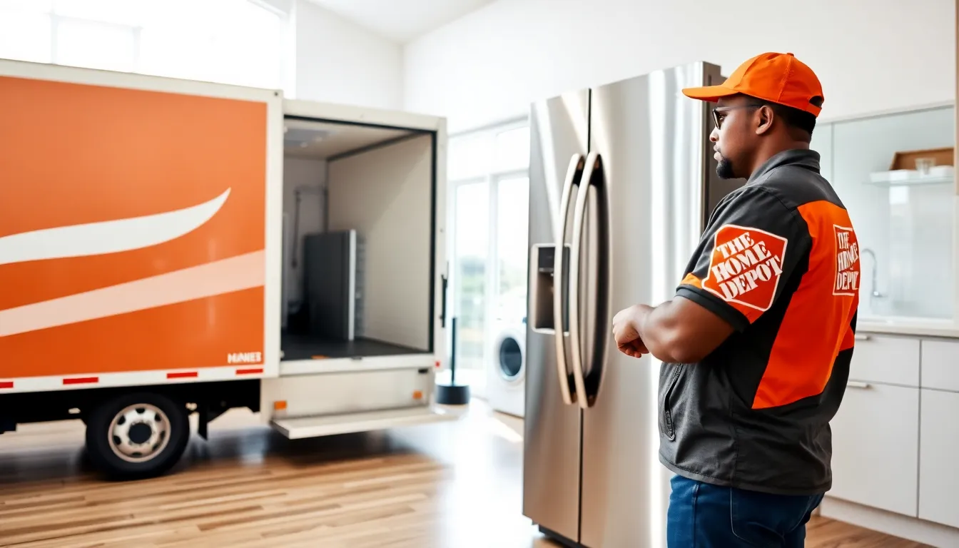Home Depot delivery professional with appliances in modern kitchen.