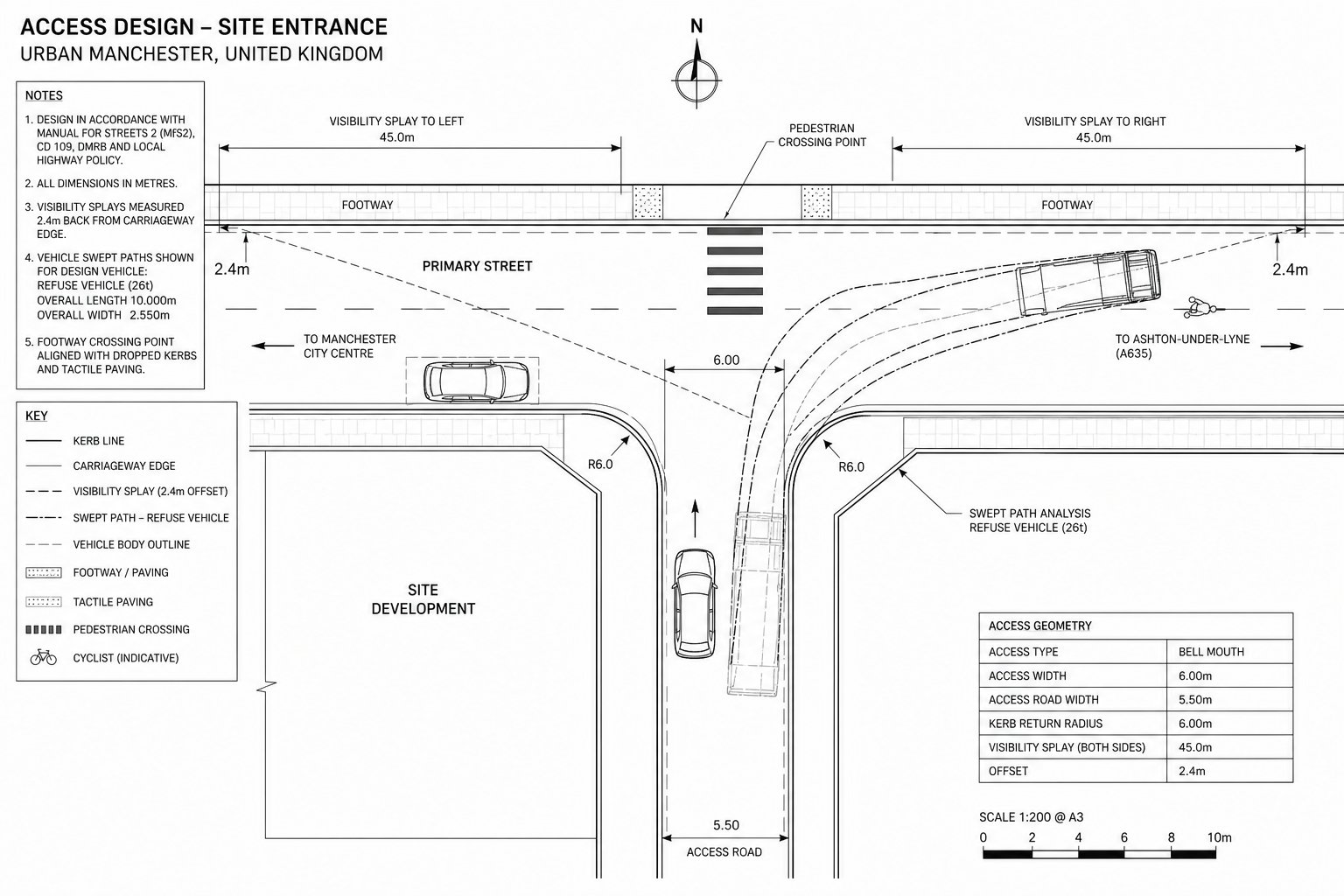 Urban site access with visibility splays and vehicle turning path analysis.