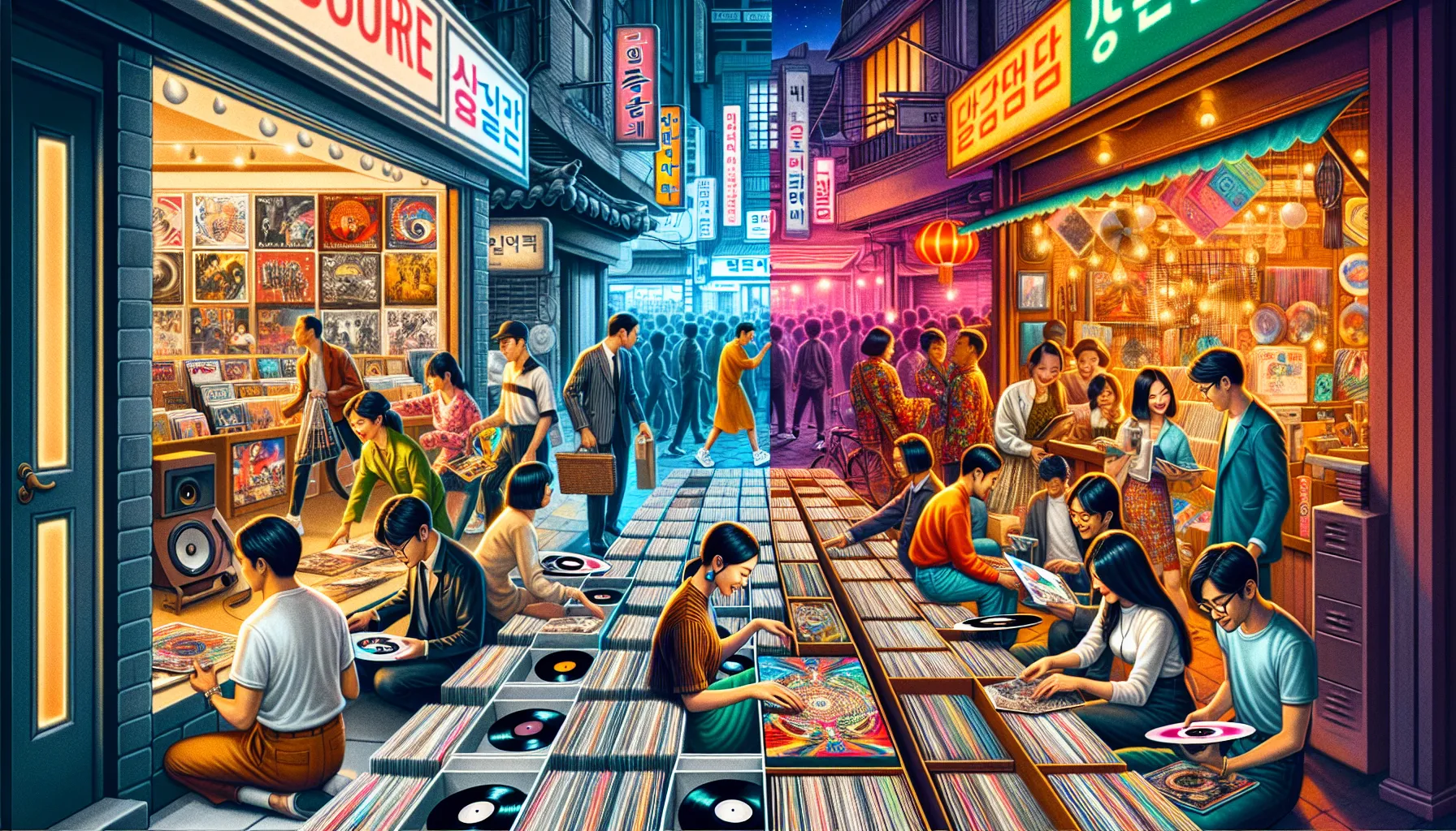 a split image contrasting vinyl markets in Korea and Indonesia.