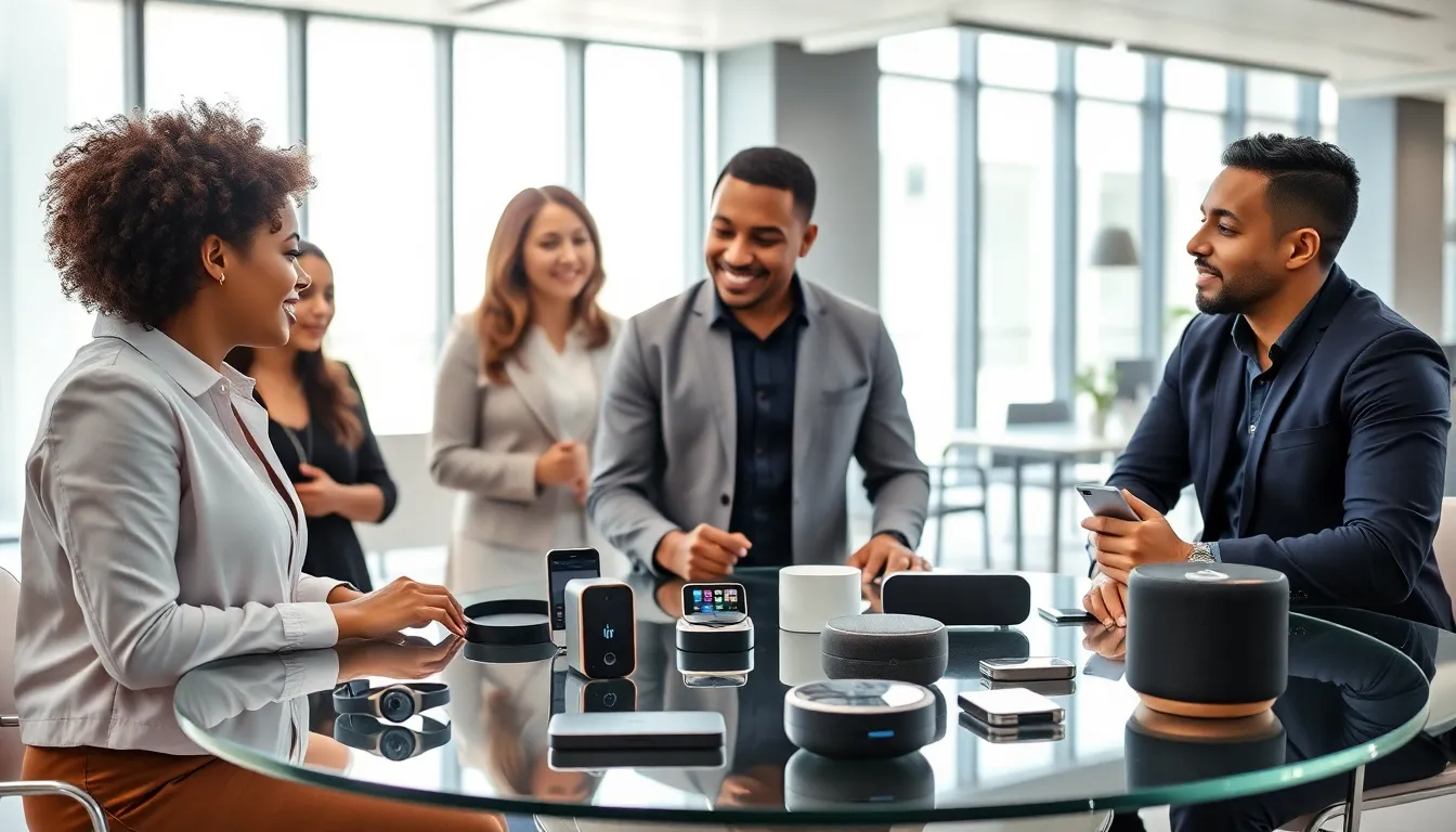 team discussing innovative gadgets in a sleek office setting.