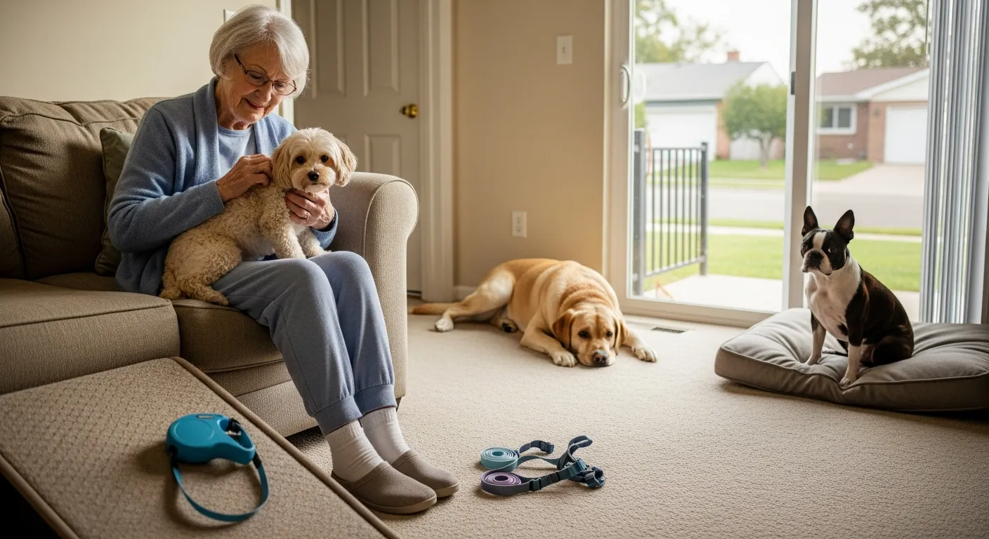 Older woman with a small lap dog, medium and large calm dogs nearby.