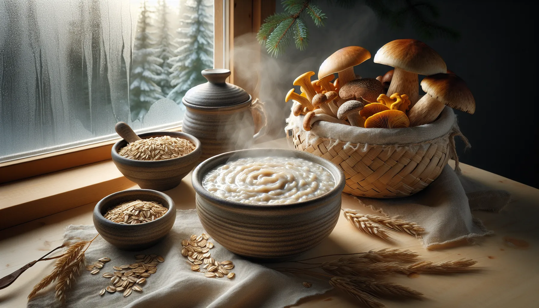 Steaming oat porridge with wild norwegian mushrooms in a sunlit scandinavian kitchen.