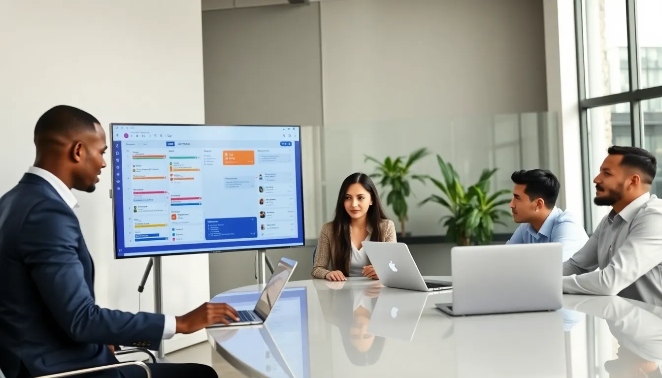 professionals collaborating on digital planning tools in a modern office.