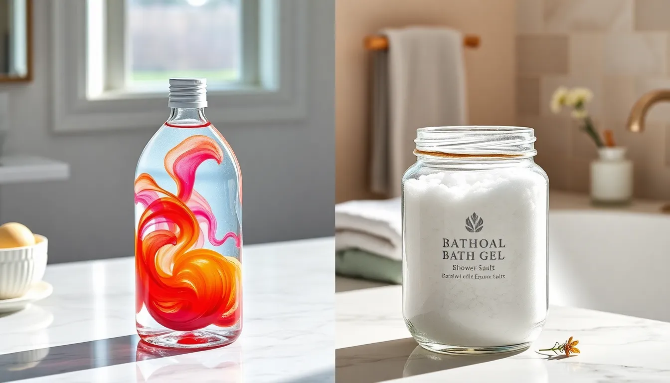 comparison of bath soak and shower gel in a modern bathroom.