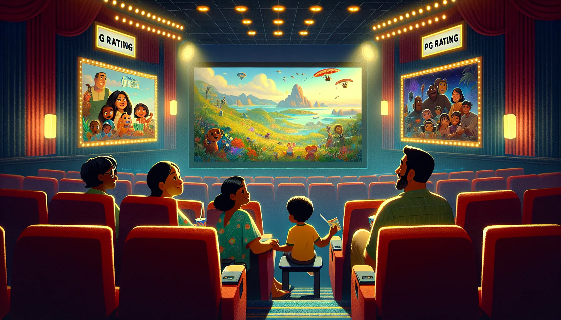 A family in a theater, deciding between G and PG rated movie posters.
