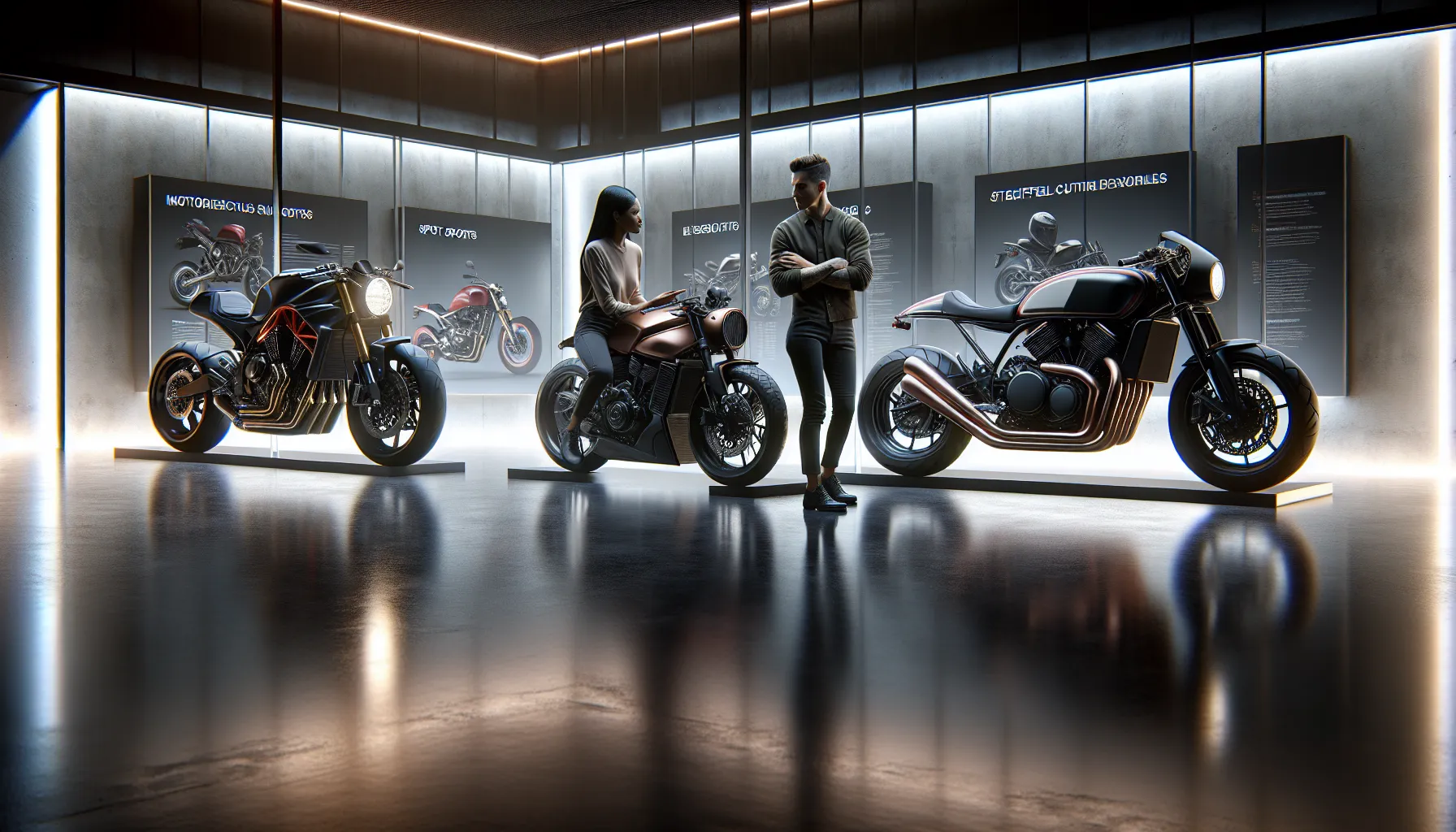showroom display of Formotor bikes with enthusiasts discussing models.