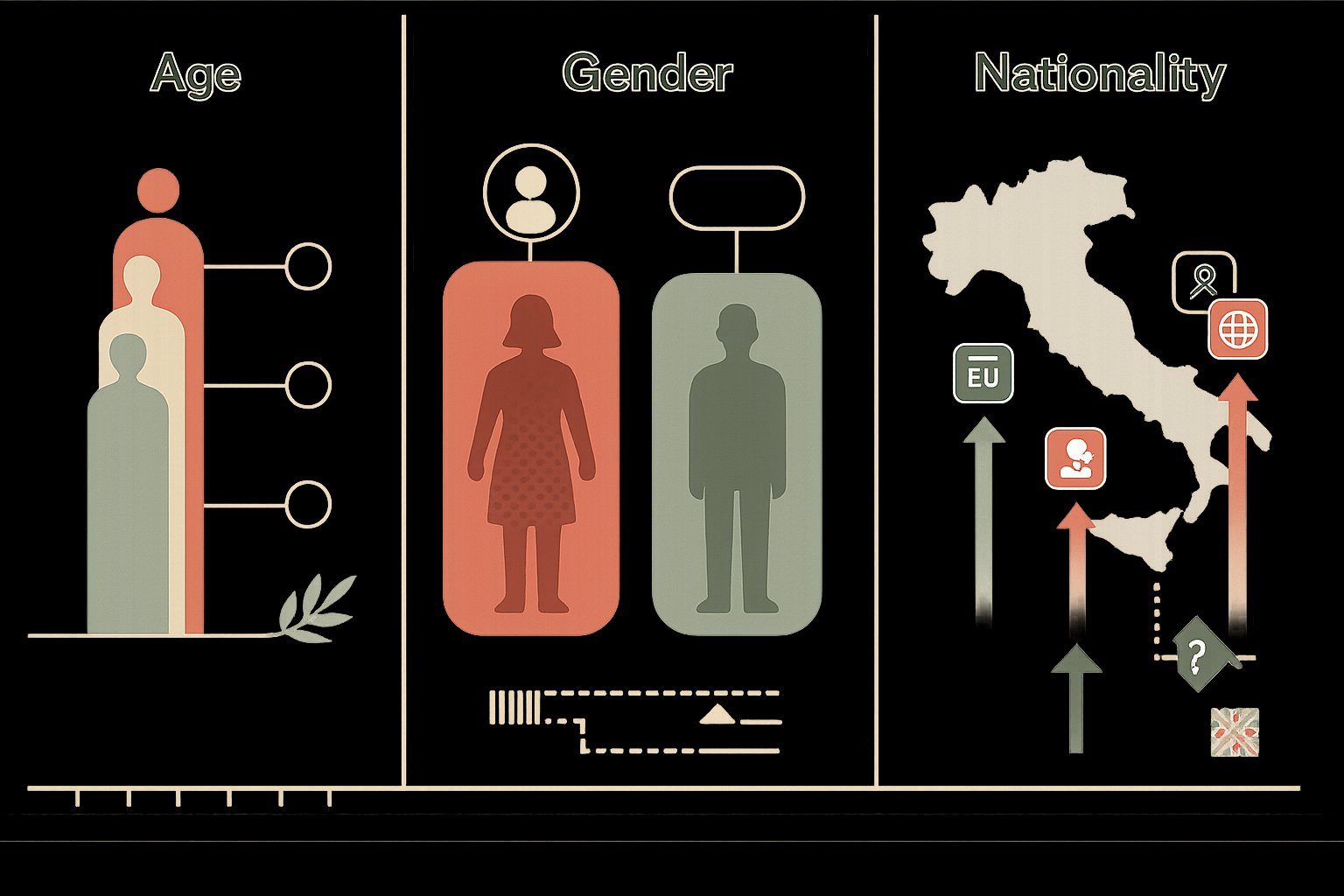 Infografica a tre pannelli che confronta la disoccupazione degli immigrati per età, genere e nazionalità in Italia.