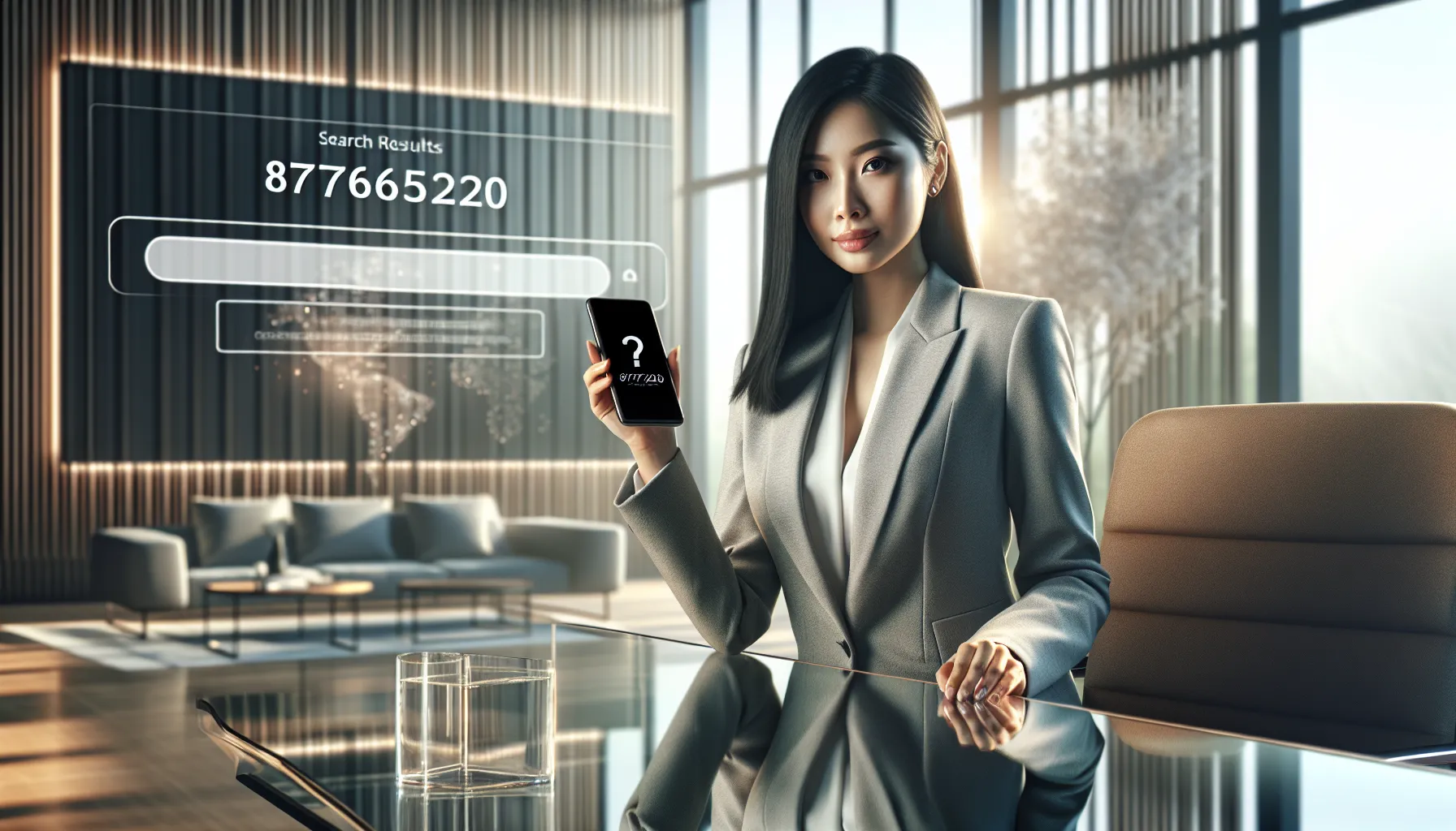 professional researching the number 8777665220 in a modern office.