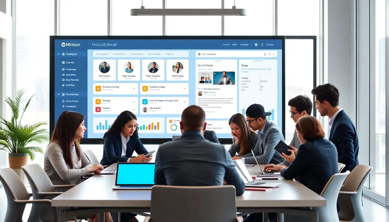 diverse team collaborating around a digital social media management dashboard.