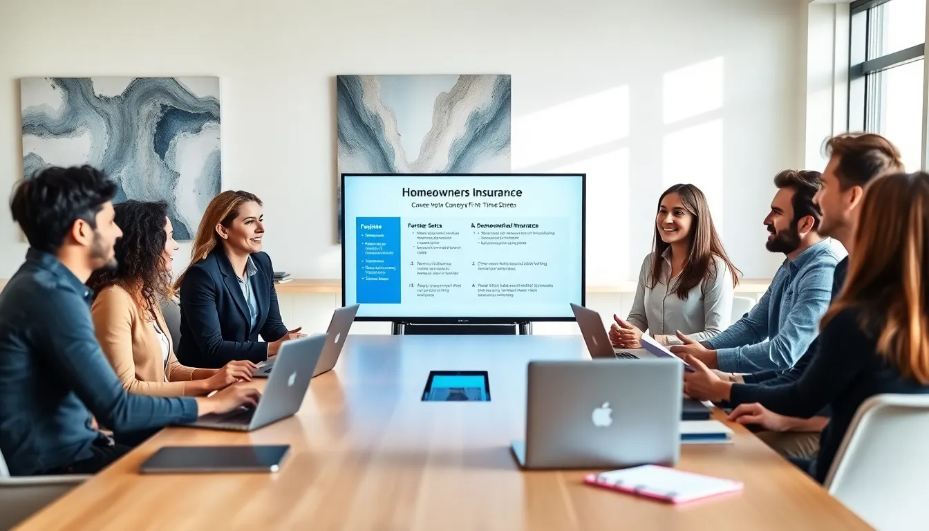 diverse team discussing homeowners insurance in a modern office.