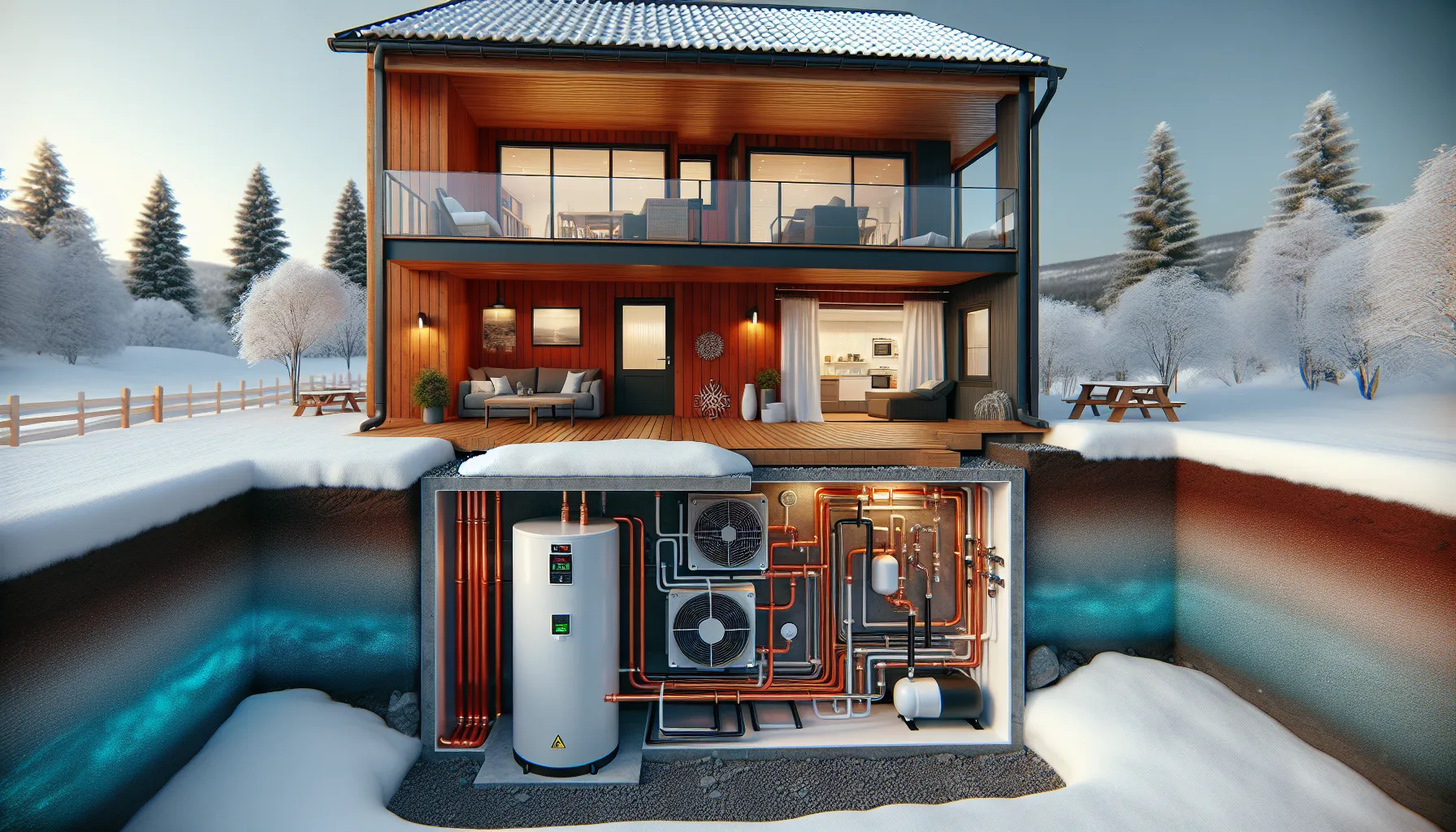 Norwegian home cutaway showing ground-source heat pump and deep borehole in winter.