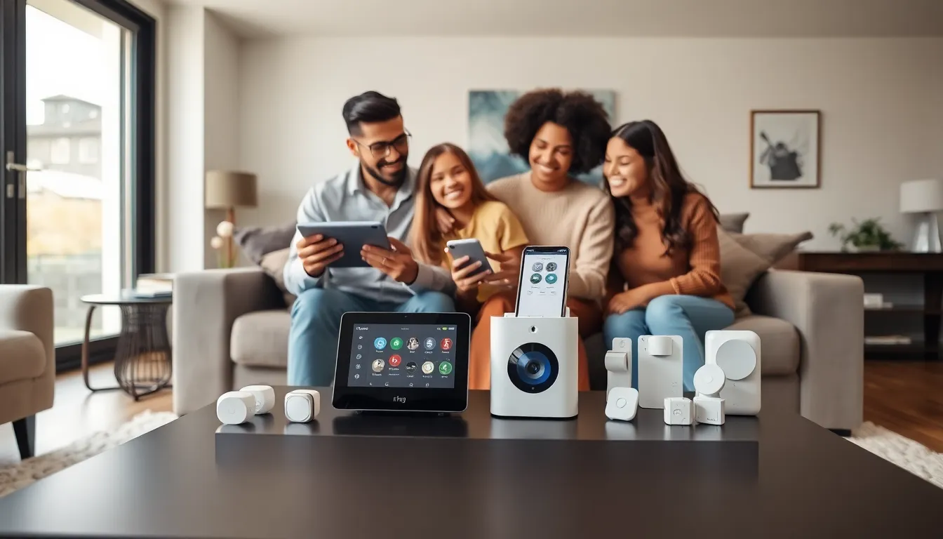 family using Ring Home Alarm System in a contemporary living room.