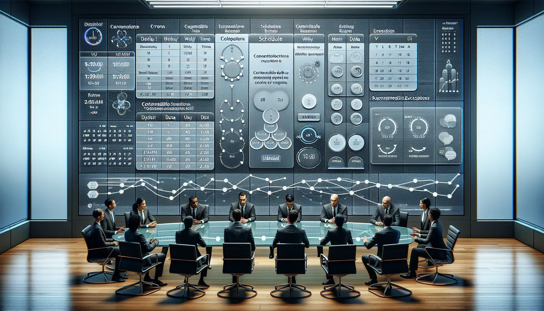 Data team reviewing Tableau subscription schedule options on large dashboards in office.