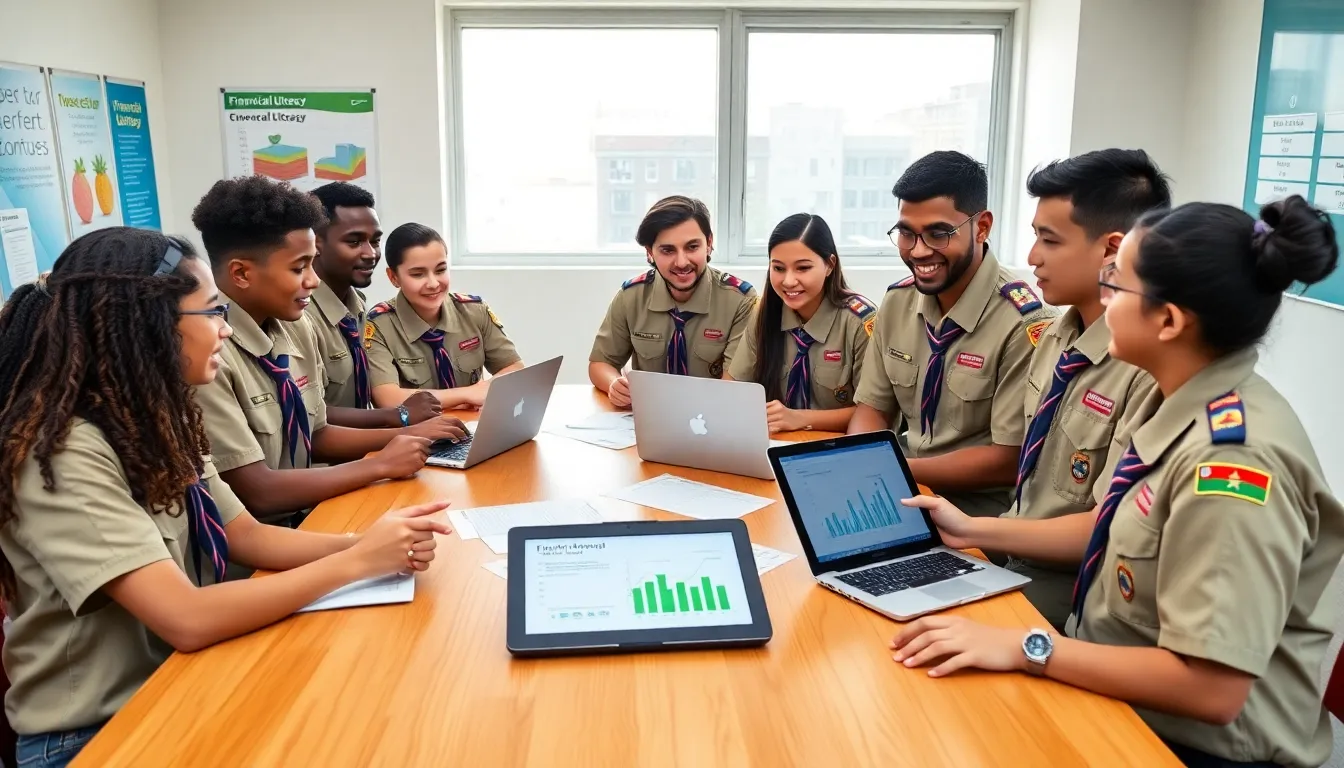 Young scouts learning about personal finance in a modern classroom.