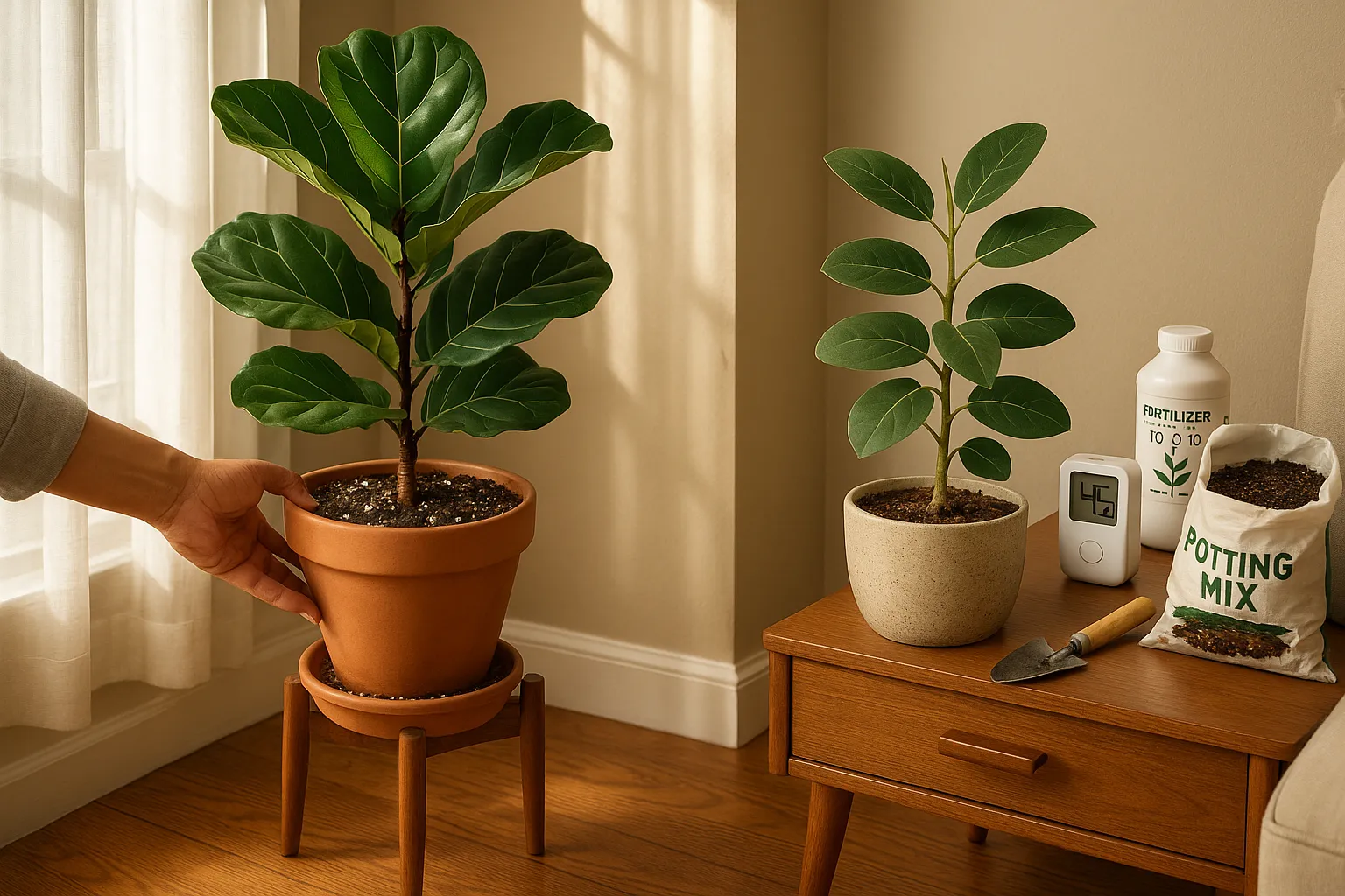 Two houseplants near a window: fiddle leaf fig and Ficus Audrey with care tools.