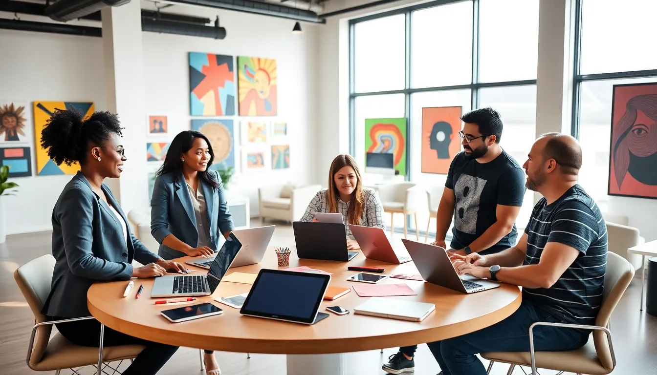 diverse team collaborating in a modern digital workspace.