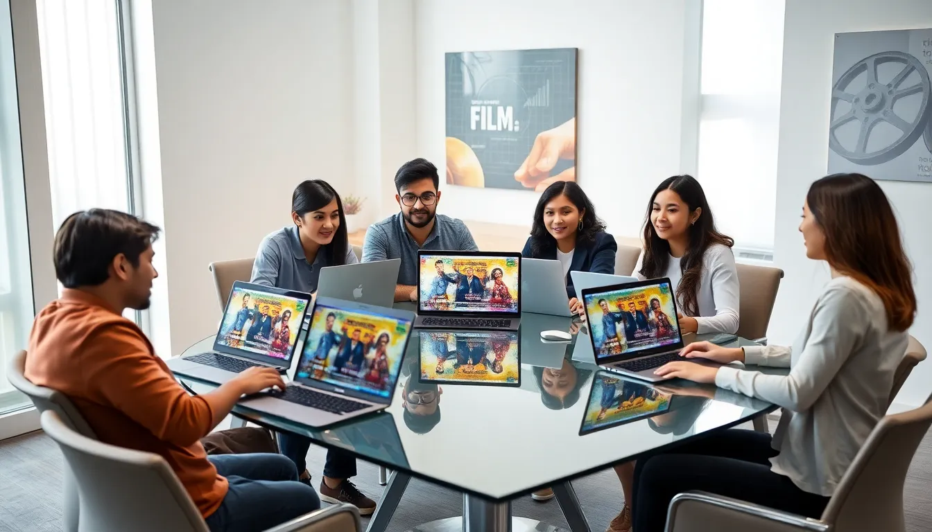 diverse team discussing film streaming in a modern office.