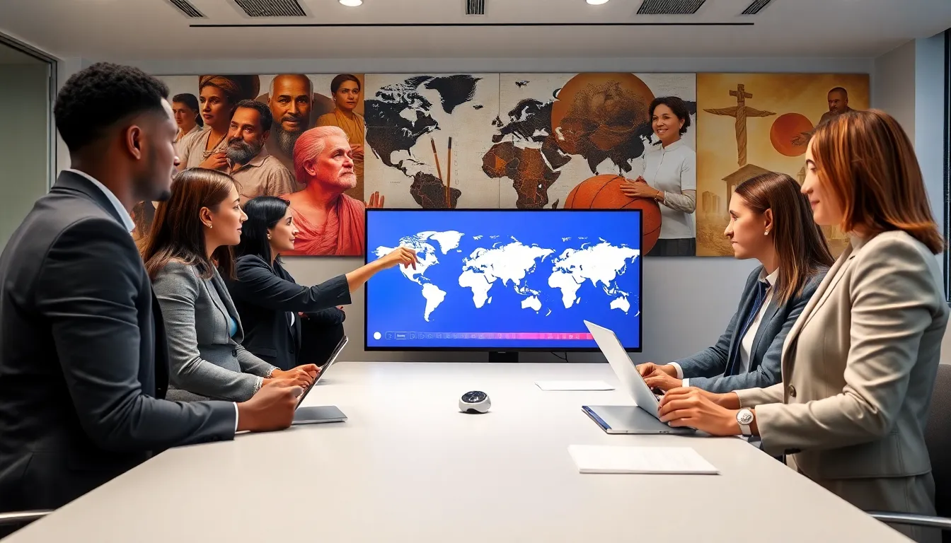 diverse professionals discussing global affairs in a modern office.