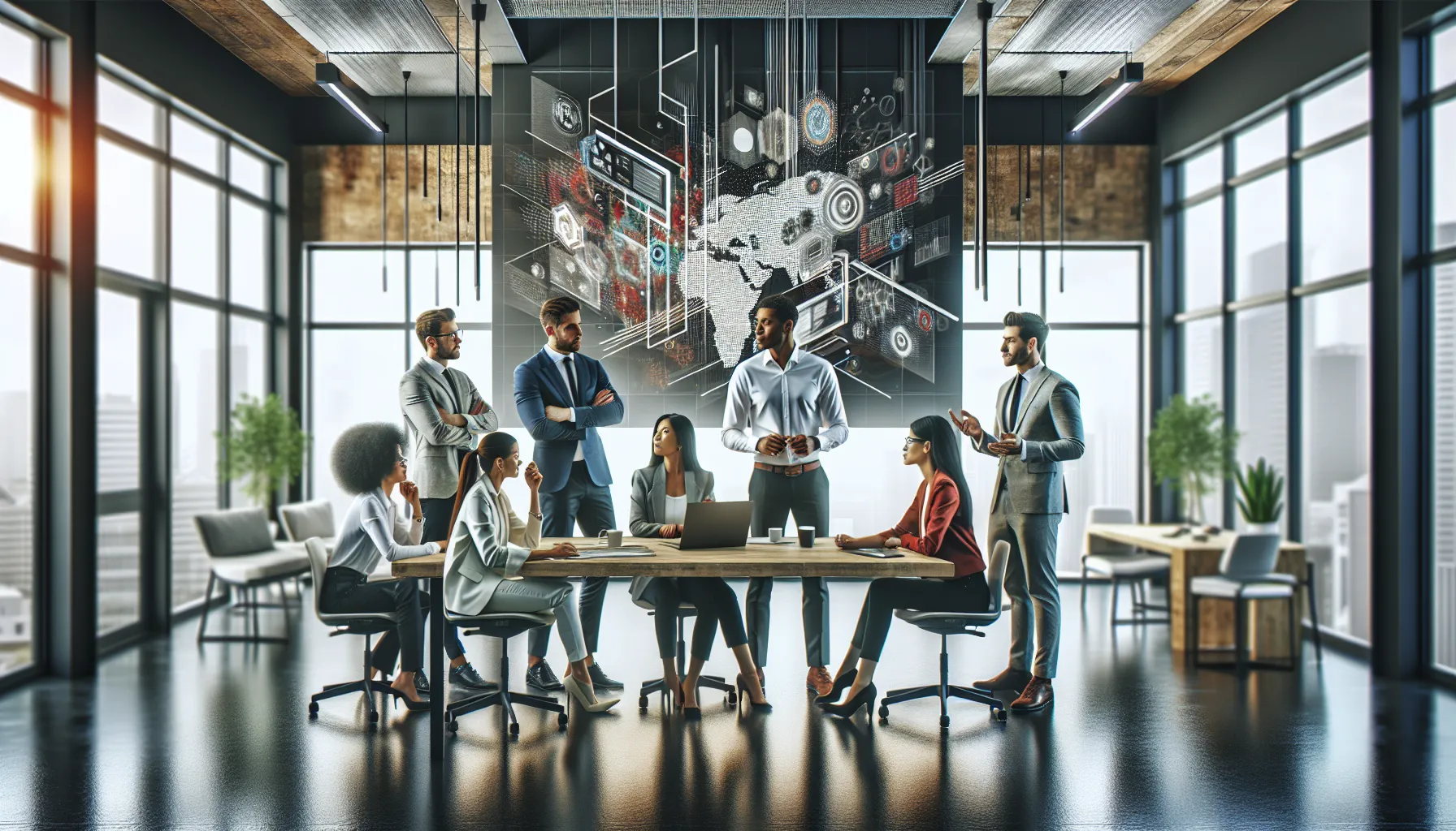 diverse team brainstorming in a modern office.