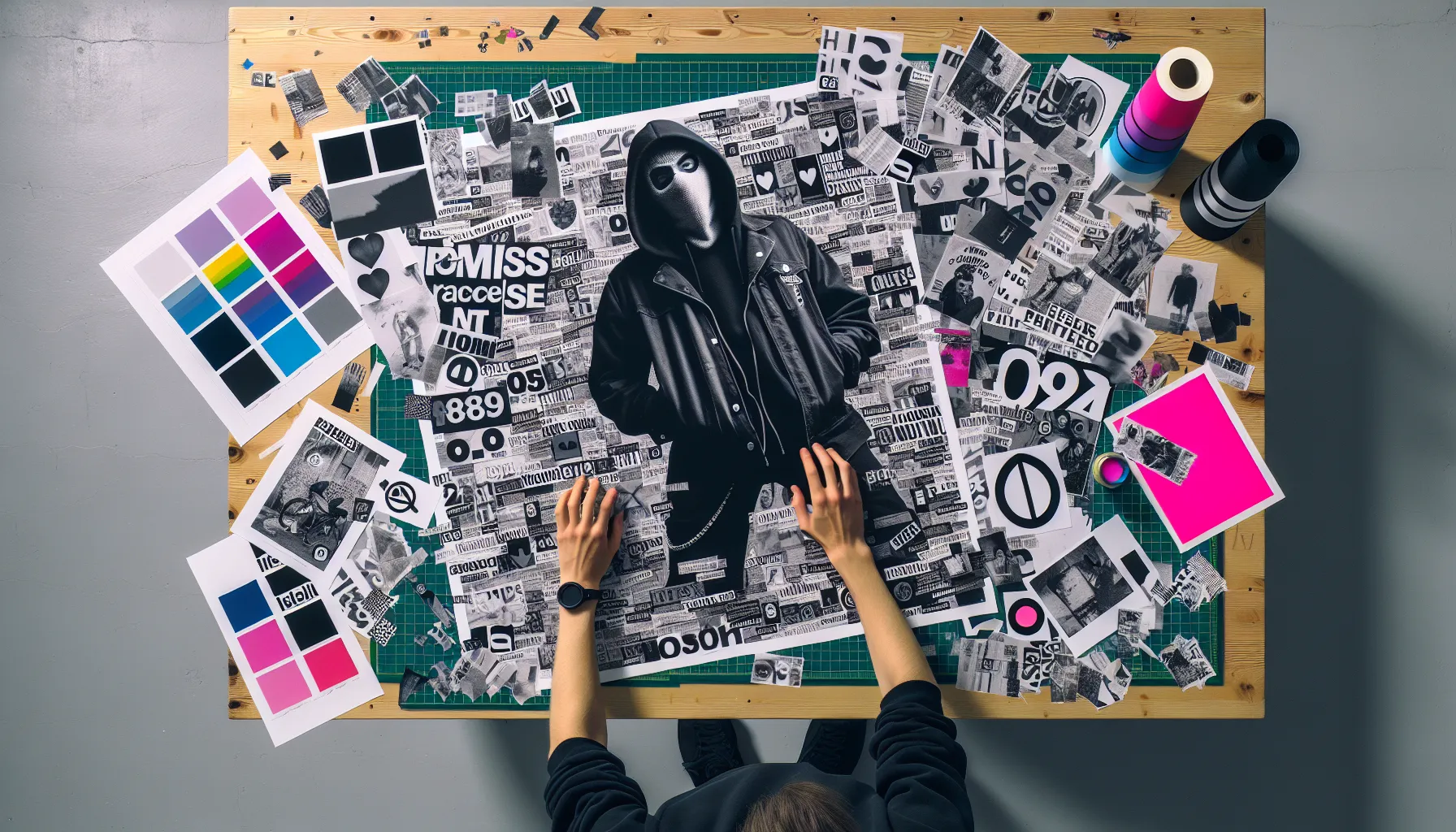 Designer in an oslo studio creating punk-style typography and pop-art collage.