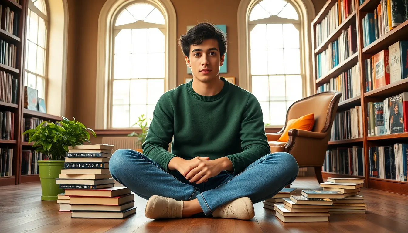 a young man in a library surrounded by books, reflecting on his influences.
